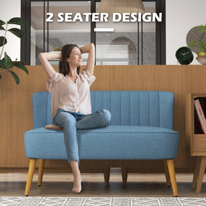 Upholstered two-seater sofa with rubberwood legs, blue