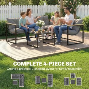 4-piece patio furniture set with thick cushions and coffee table, grey