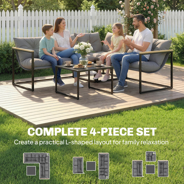 4-piece patio furniture set with thick cushions and coffee table, grey