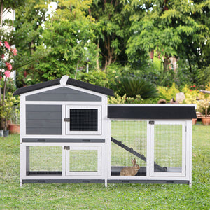 Two-tier wooden hutch with ramp and outdoor run, grey