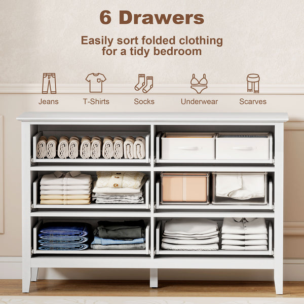 Modern 6-drawer chest, fluted design for bedroom, living room, hallway, Colour: white.