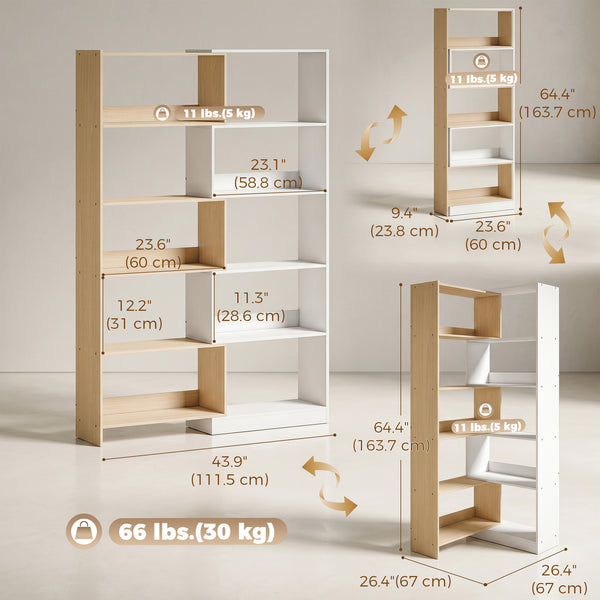 5-tier L-shaped bookcase with 350° rotation, two-tone design, fruitwood/white