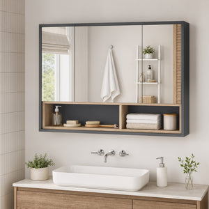 Wall-mounted bathroom cabinet with mirror and 8 storage compartments, gray