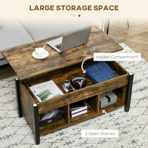Lift-top coffee table with hidden storage compartment, 3 lower shelves, rustic brown