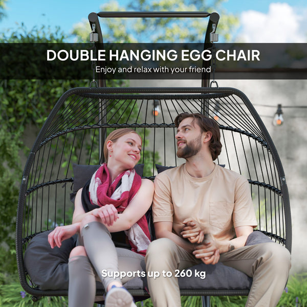 Double wicker swing with stand, foldable and hanging, UV-resistant cushion, headrest, dark gray
