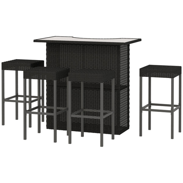 5-Piece Patio Bar Set, Synthetic Rattan Table and High Chairs, with Tempered Glass Top, Black