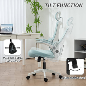 High-back mesh office chair with swivel headrest, light blue