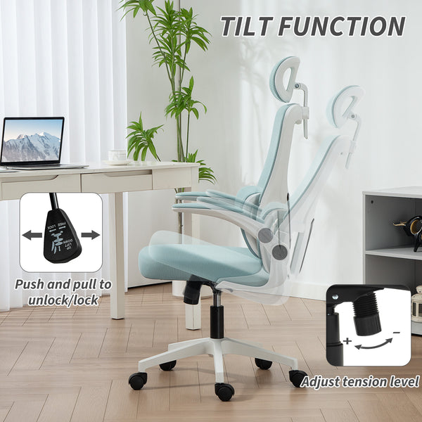 High-back mesh office chair with swivel headrest, light blue