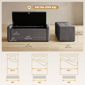 Storage bench ottoman with linen-look fabric upholstery, wide padded seat, dark grey