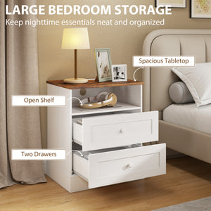 Nightstand with charging station and 2 drawers, set of 2, white and oak