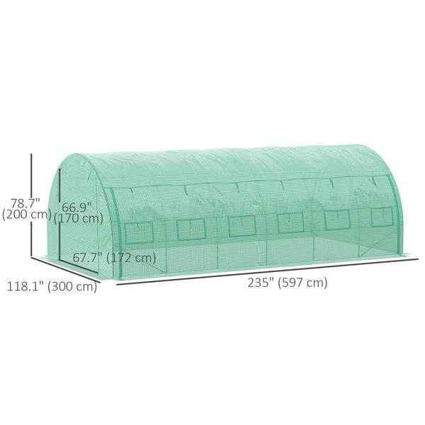 Large tunnel greenhouse with zipped door and 12 roll-up windows