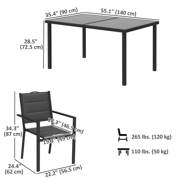 5-Piece Outdoor Dining Set with 4 Stackable Chairs, Rectangular Table, Tempered Glass Top, Steel Frame, Black