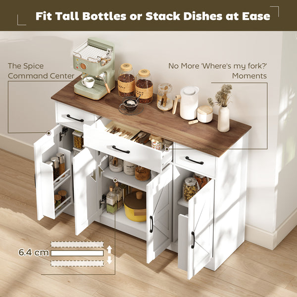 47" Buffet with Soft-Close Hinges, Country Style, with 3 Drawers, Adjustable Shelves, and Spice Rack, White