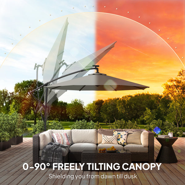 2.95 m cantilever parasol with solar lighting, protective cover, tilt and crank, grey