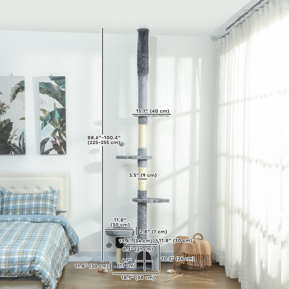 Cat tree with adjustable height from 221 to 254 cm, 4-level climbing tower with scratching post