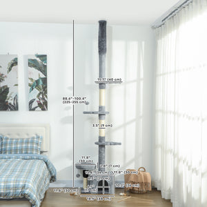 Cat tree with adjustable height from 221 to 254 cm, 4-level climbing tower with scratching post