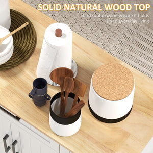 Modern Rolling Kitchen Island with Drawers, Natural Wood Top, Towel Rack and Storage Cabinet, White