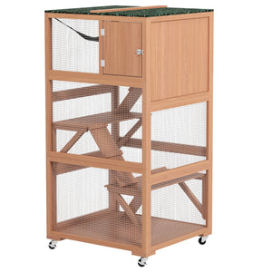 Cat enclosure on wheels with hammock and several resting platforms, beige