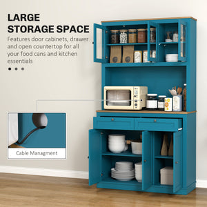 Storage cabinet with microwave space, sideboard with hutch, 2 drawers, adjustable shelves and glass doors, navy blue