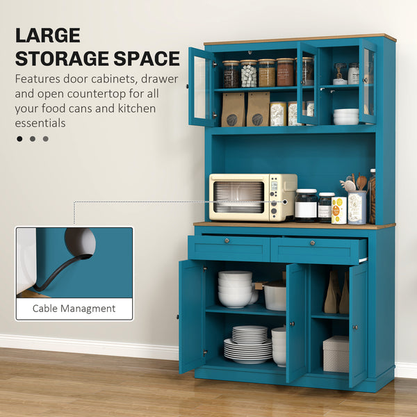 Storage cabinet with microwave space, sideboard with hutch, 2 drawers, adjustable shelves and glass doors, navy blue