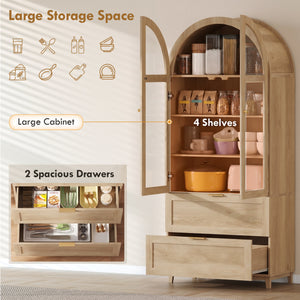 Tall oak-effect pantry with arched doors, drawers, and adjustable shelves