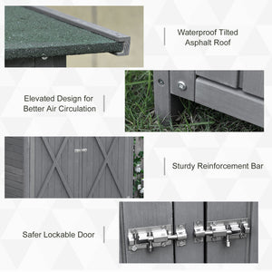 Garden shed with asphalt roof, double wooden door, shelf, green and grey