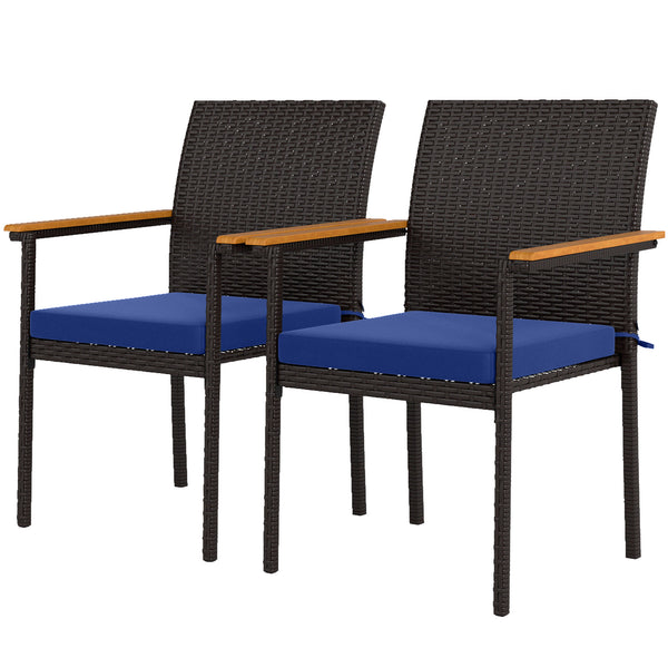 Set of 2 stackable wicker garden chairs with removable cushion and armrests, navy blue