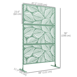 Decorative outdoor metal screen with stand, leaf pattern, light green