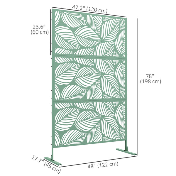 Decorative outdoor metal screen with stand, leaf pattern, light green