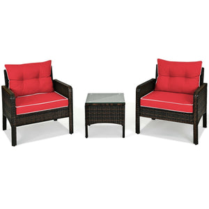 3-Piece Outdoor Patio Rattan Conversation Set with Seat Cushions - Red