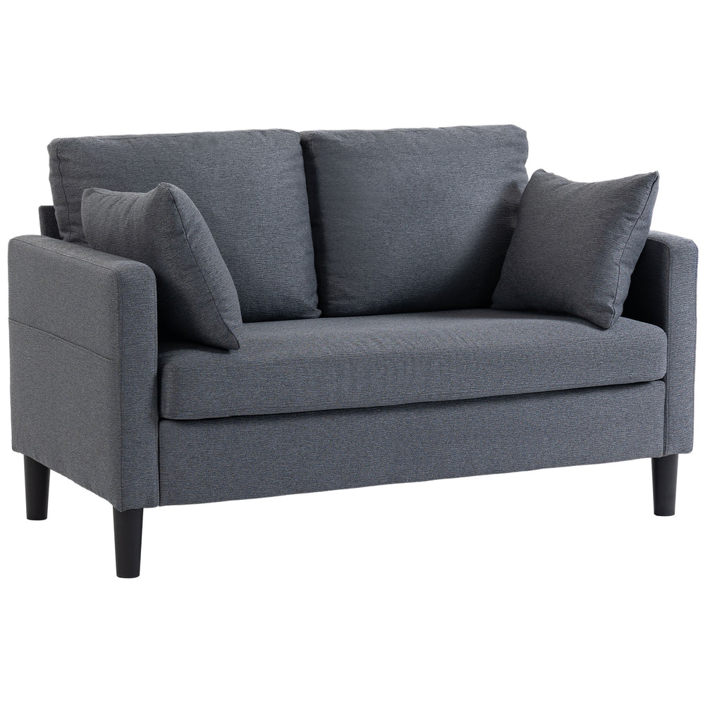 Two-seater sofa, modern linen upholstery, spring cushions, 2 pillows, dark grey