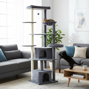 Tall cat tree with scratching posts, perches, caves, hammock and pom-poms, for 2 to 3 indoor cats, dark grey