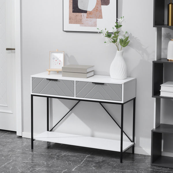 Modern console table with 2 drawers, 2 tiers with storage shelf, white