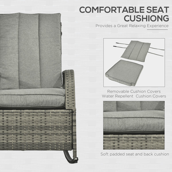 Outdoor Wicker Rocking Chair with Cushion, Patio PE Rattan Recliner Chair with Adjustable Footrest, Armrests, Mixed Grey