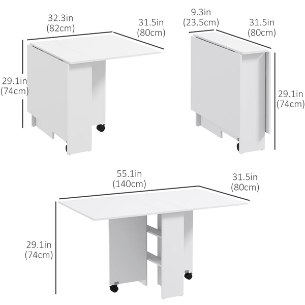 Folding dining table for small spaces with storage shelves, white