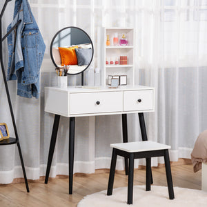 Dressing table with stool, drawers and shelf, white and black