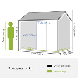 Metal garden shed with lockable door, ventilation, sloping roof, light grey