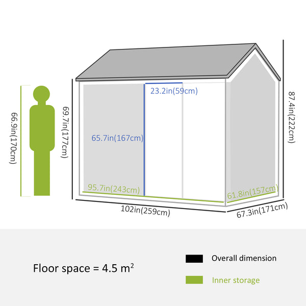Metal garden shed with lockable door, ventilation, sloping roof, light grey