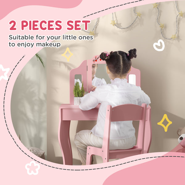 Dressing table with removable tri-fold mirror and drawer, pink