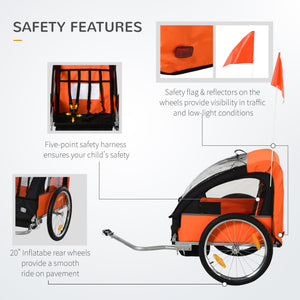 2-seater bicycle trailer with sturdy steel frame, 5-point safety harness, orange