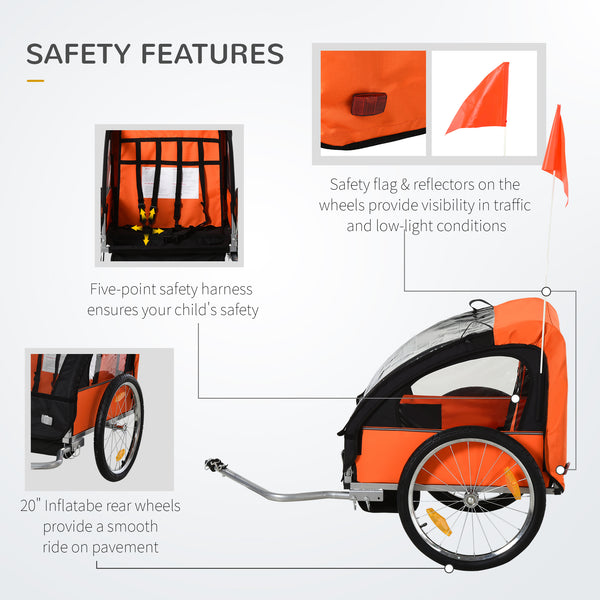 2-seater bicycle trailer with sturdy steel frame, 5-point safety harness, orange