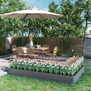 Raised L-shaped planter made of galvanized steel with reinforced rods