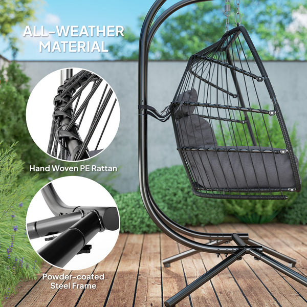 Double wicker swing with stand, foldable and hanging, UV-resistant cushion, headrest, dark gray