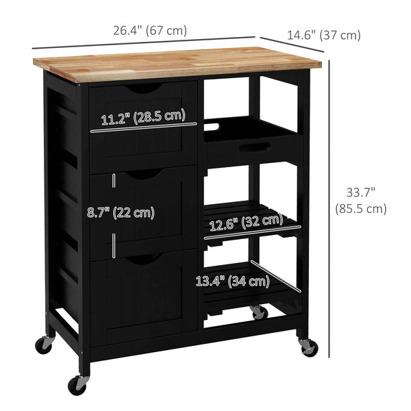 Kitchen trolley on wheels, kitchen island with wooden top, 3 drawers and shelves for dining room, black