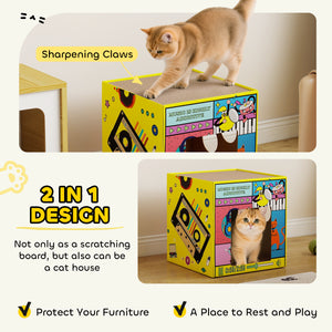 2-in-1 cardboard cat house with scratching board and catnip