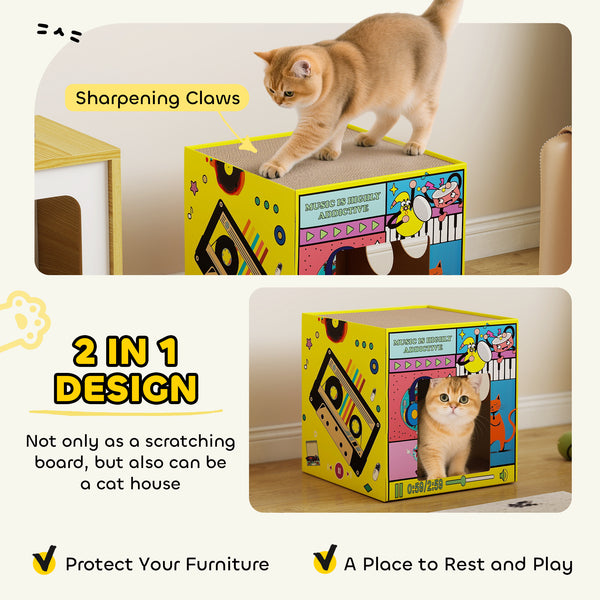 2-in-1 cardboard cat house with scratching board and catnip