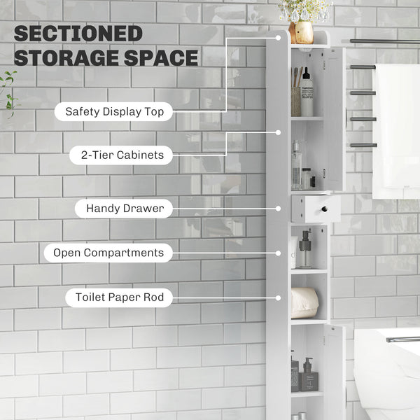 Narrow bathroom vanity with barn doors, drawer and adjustable shelves, white wood look