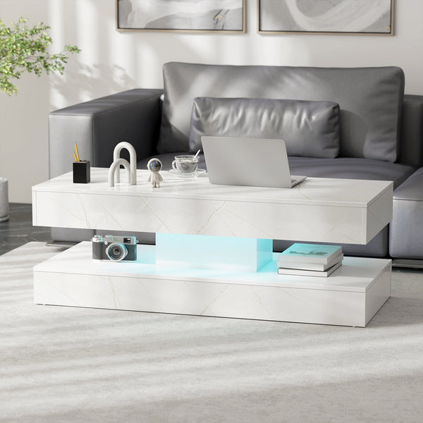 Coffee table with adjustable LED lighting, 2 drawers, open shelf, remote control, glossy white marble-effect lacquered finish