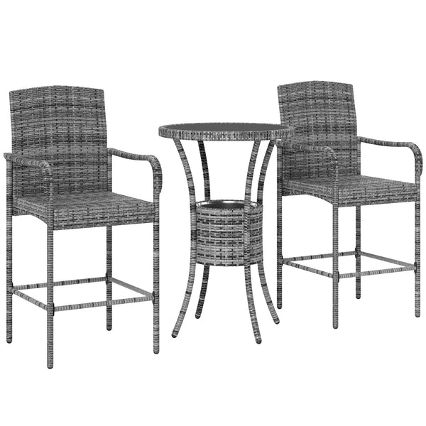 3 Piece Patio Bar Set, Rattan Bistro Table and Chairs, Grey Blend