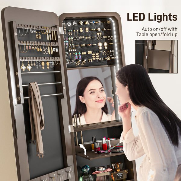 Standing jewelry cabinet with mirror, LED lighting, brown